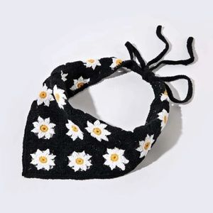 Black and White Knit Crochet Daisy Headscarf Bandana Hair Accessory | One Size